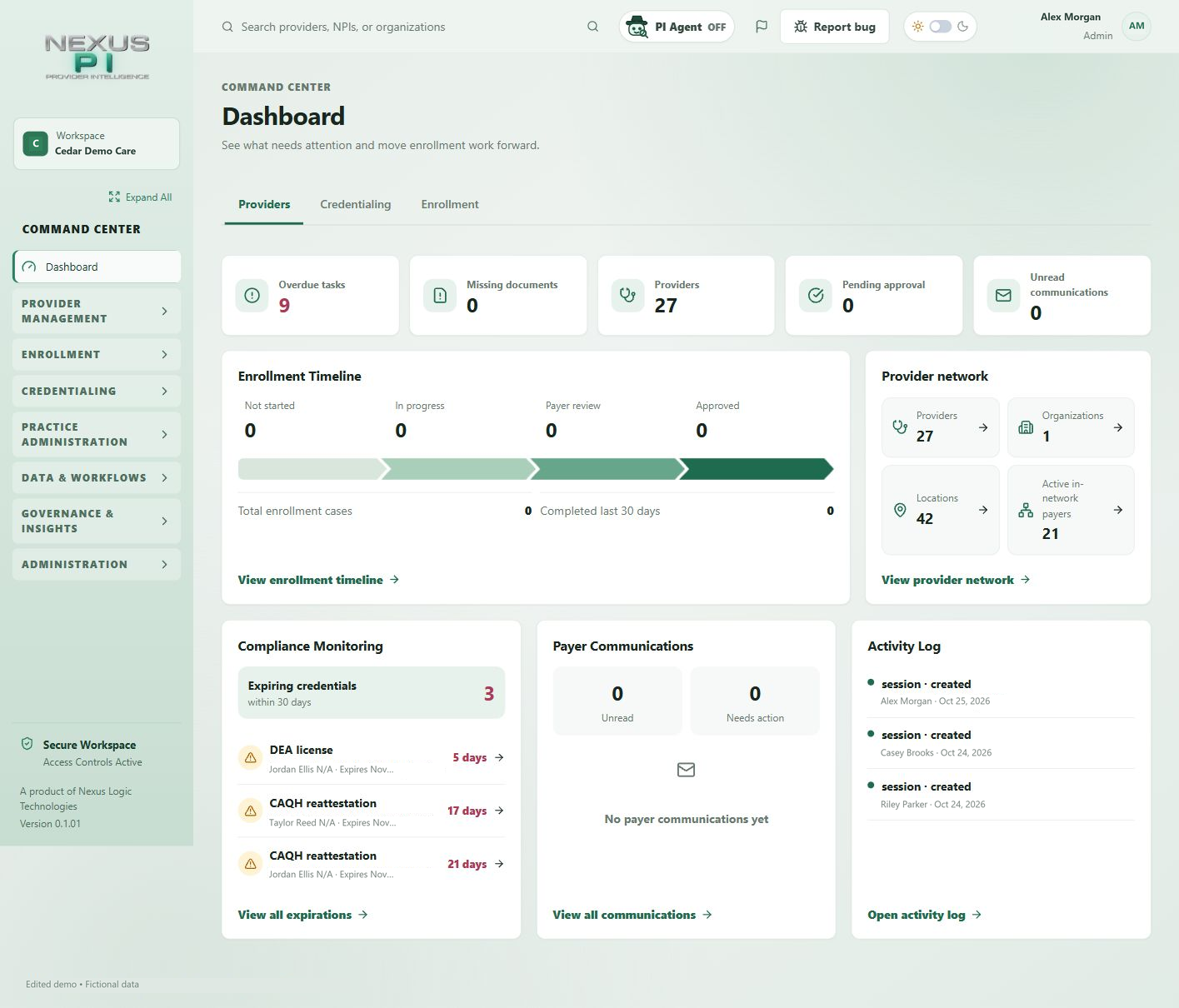 NexusPI dashboard with fictional account, provider and activity details