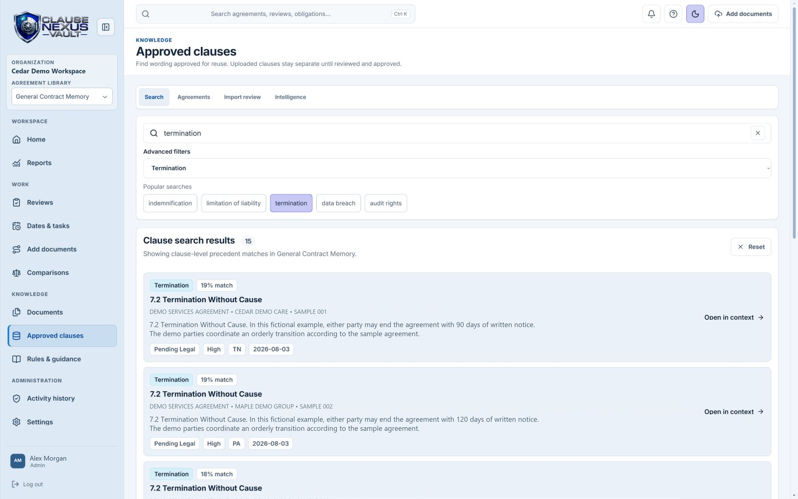 Clause Nexus Vault clause library with fictional account and agreement details
